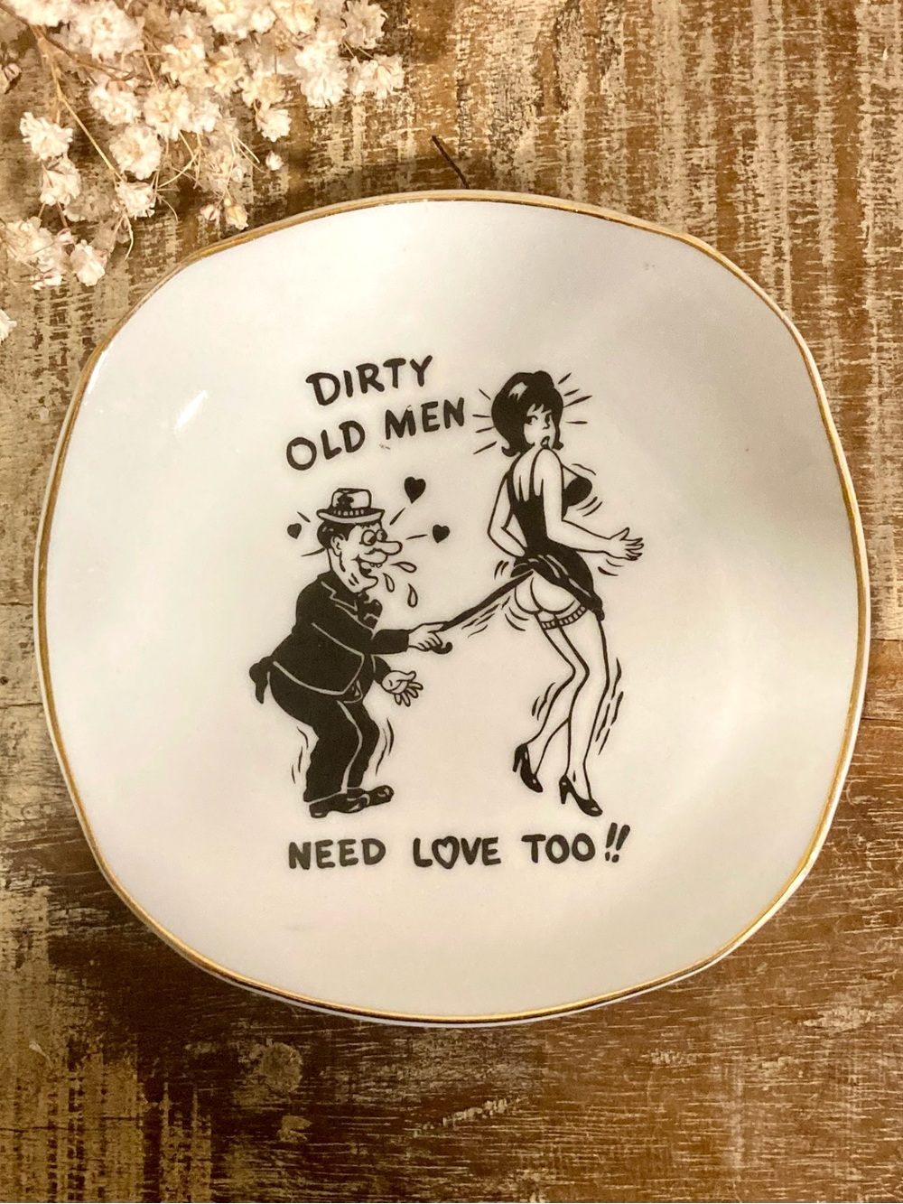 Naughty White Ceramic Wall Hanging Dish with Black Retro Graphic NSFW 5” Across